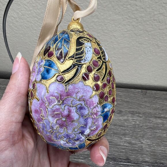Alsan Victorian Enameling Cloisonné Ornament Egg Birds Flowers With Stand - Picture 3 of 10
